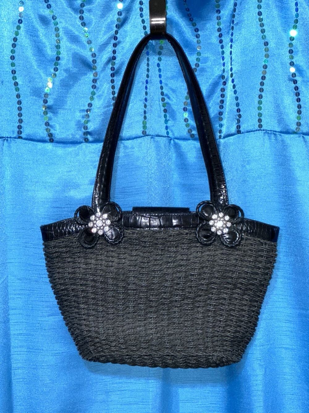 BRIGHTON Woven Raffia Tote Black Basket Weave Straw Handbag Flower Rhinestones
